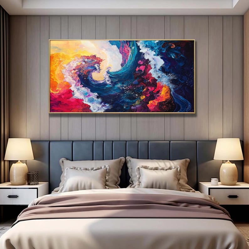 Original Hand-Painted Abstract Oil Painting on Canvas | Colorful Ocean Wave Art | Stunning Red, Blue, Yellow Decor for Living Room or Office