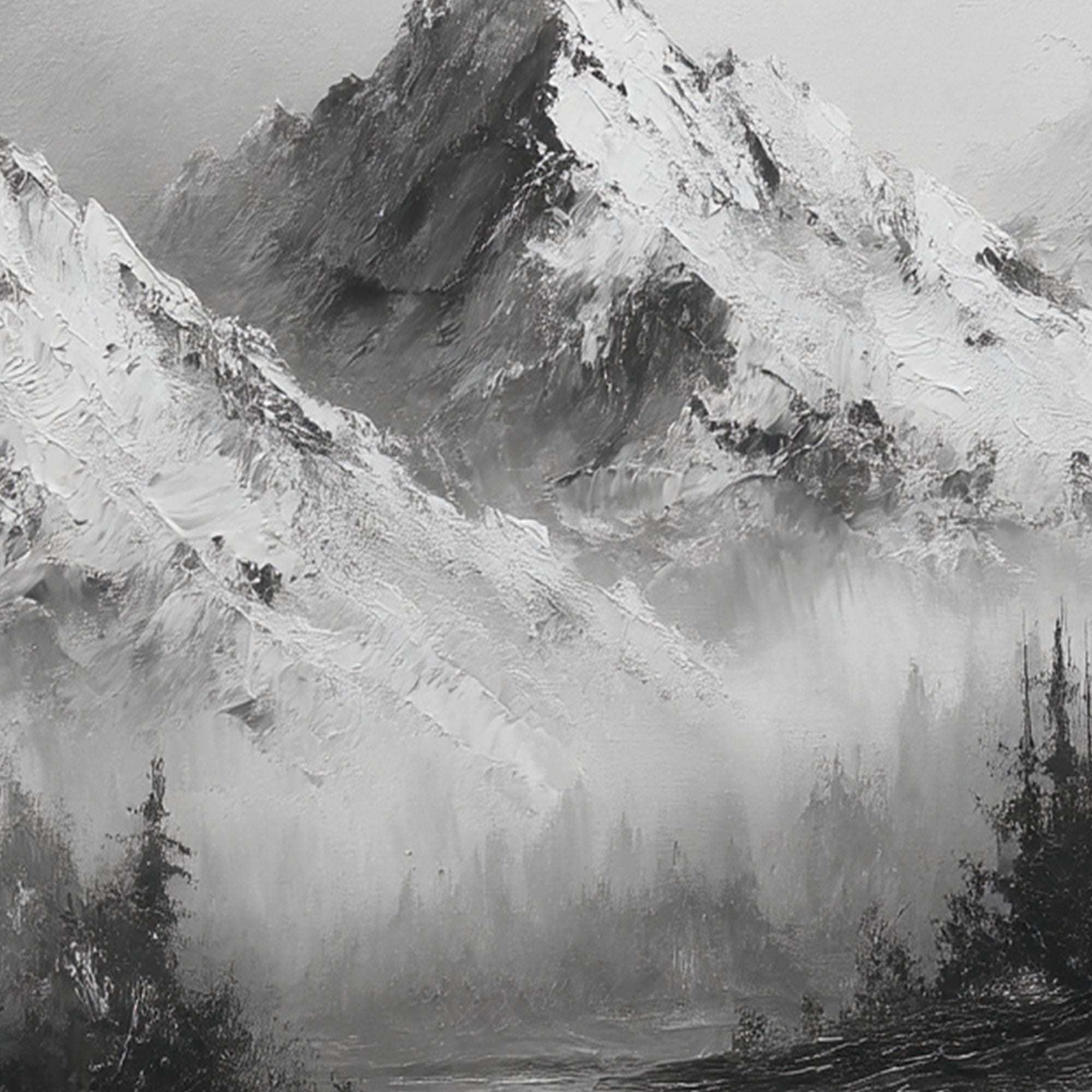 Monochrome Mountain Landscape Oil Painting, Textured Canvas Wall Art ...