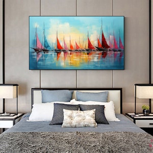 Original Sailboats Painting on Canvas, Large Wall Art, Abstract Colorful Painting, Ocean Art, Living room Wall Decor, Custom Painting