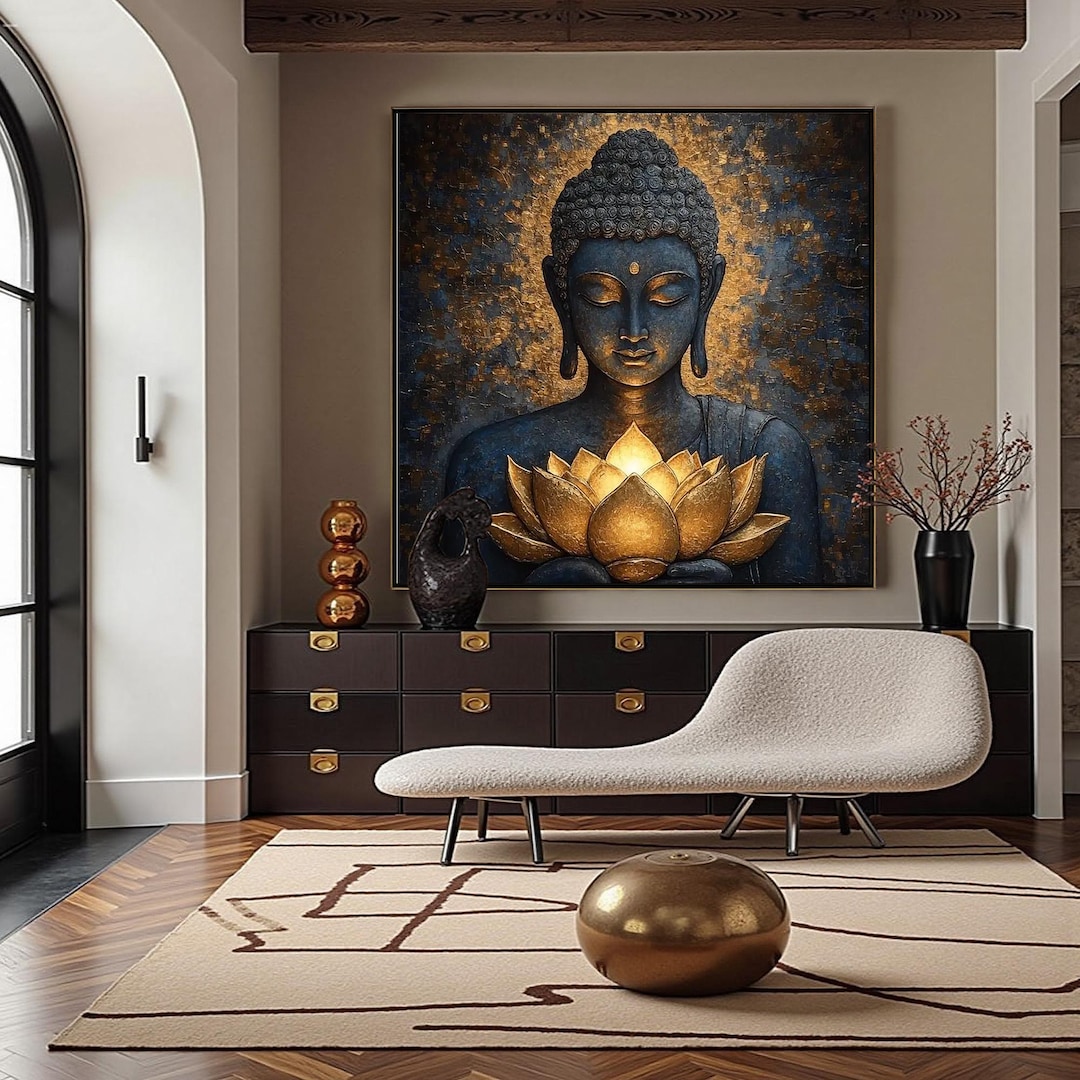 Textured Buddha Painting – Blue Gold Lotus Spiritual Wall Art - Etsy