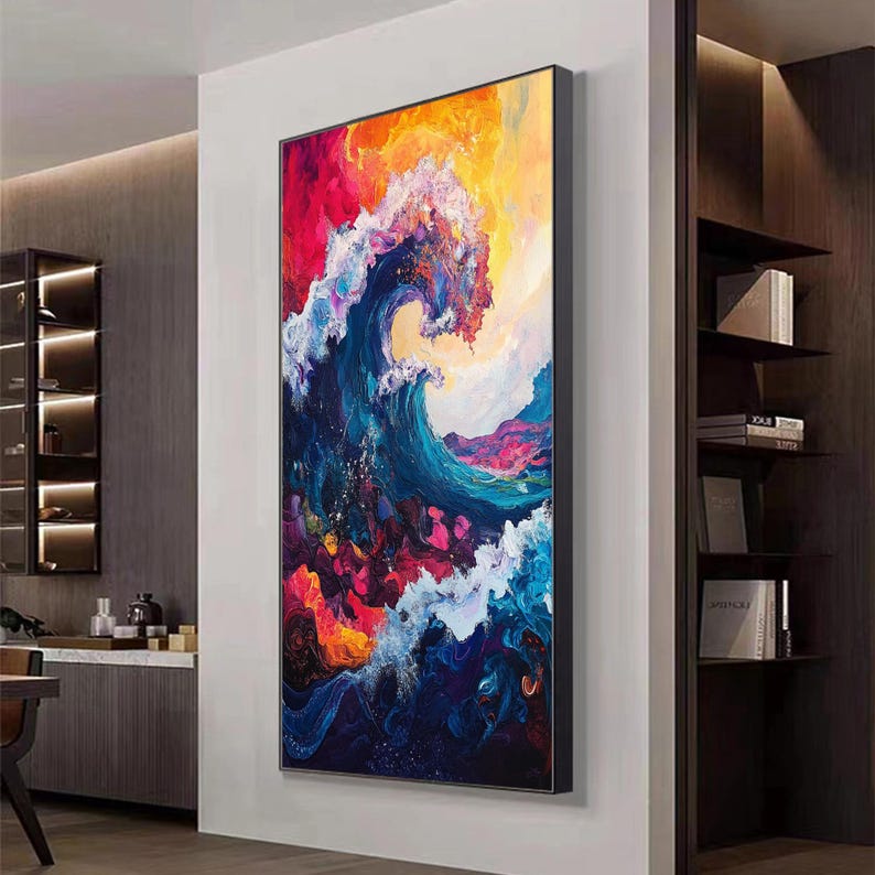 Original Hand-Painted Abstract Oil Painting on Canvas | Colorful Ocean Wave Art | Stunning Red, Blue, Yellow Decor for Living Room or Office