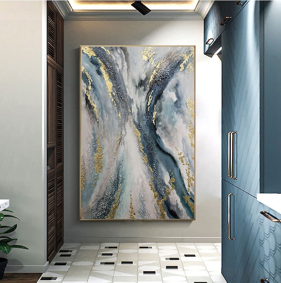 Large Gold leaf Abstract Painting,Original Blue Abstract Painting,Large Painting on Canvas,Large Abstract Art,Office Wall Decor,Wall Art