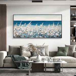 Original Flower Oil Painting on Canvas, Abstract Blud Sea Painting ...