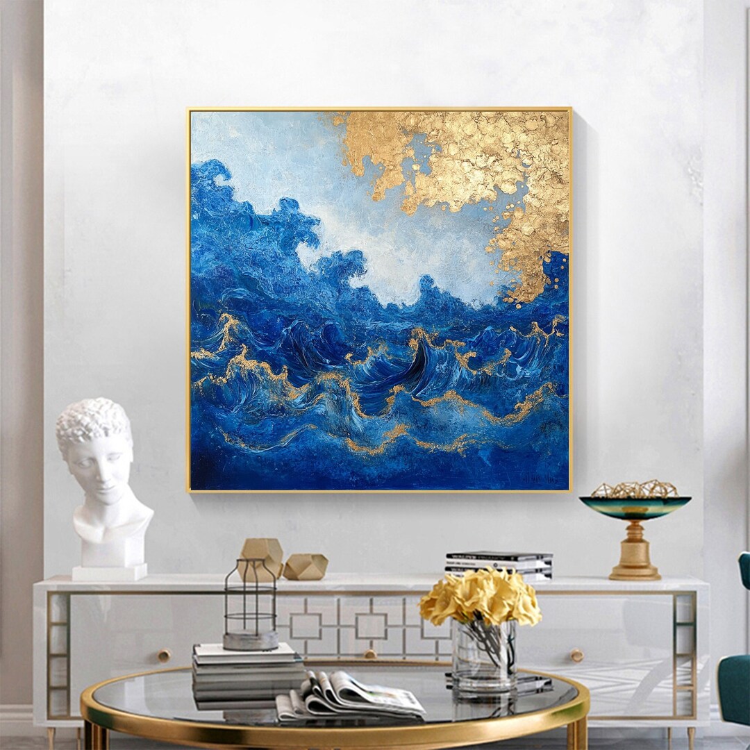 Abstract Gold Leaf Oil Painting on Canvas, Original Blue Painting ...