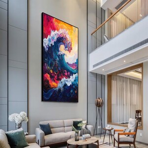Original Hand-Painted Abstract Oil Painting on Canvas | Colorful Ocean Wave Art | Stunning Red, Blue, Yellow Decor for Living Room or Office