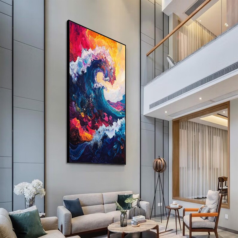 Original Hand-Painted Abstract Oil Painting on Canvas | Colorful Ocean Wave Art | Stunning Red, Blue, Yellow Decor for Living Room or Office