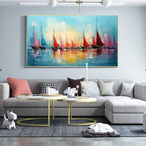 Original Sailboats Painting on Canvas, Large Wall Art, Abstract Colorful Painting, Ocean Art, Living room Wall Decor, Custom Painting