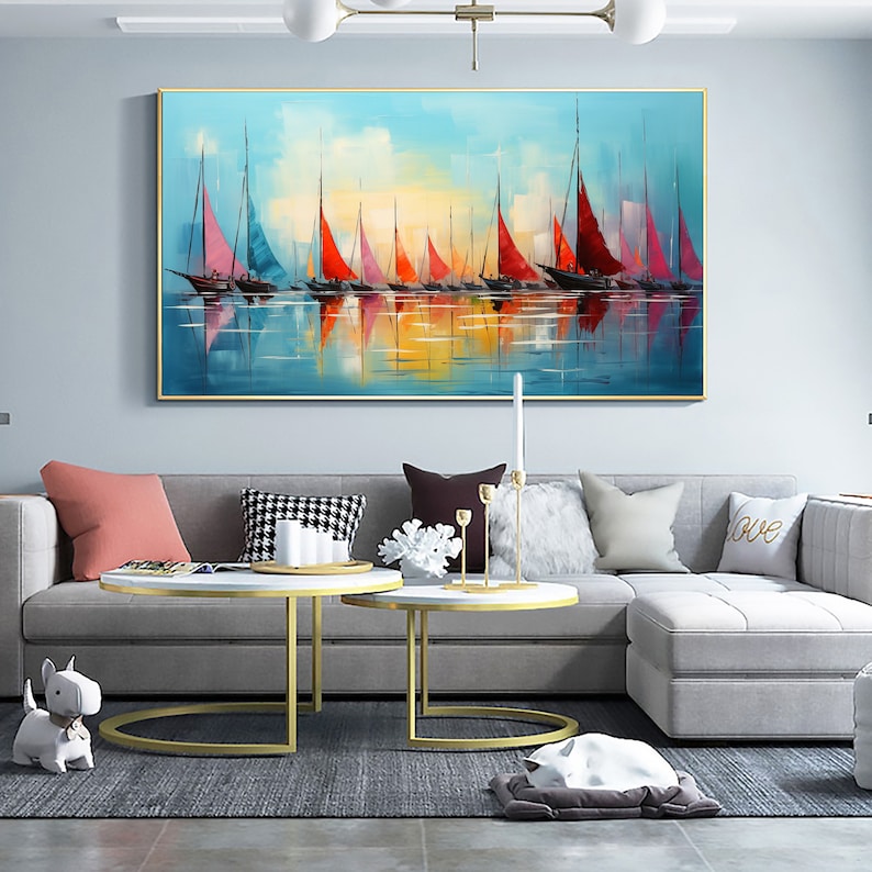 Original Sailboats Painting on Canvas, Large Wall Art, Abstract Colorful Painting, Ocean Art, Living room Wall Decor, Custom Painting