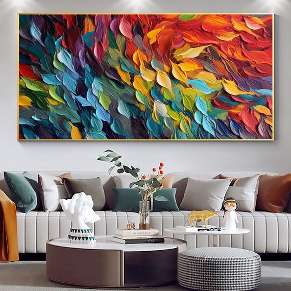 Abstract Home Decor Wall Etsy Colorful Room Art, Original Oil Living - Painting, Custom Wall Painting, Sweden Large Painting Colorful Feathers Canvas, on