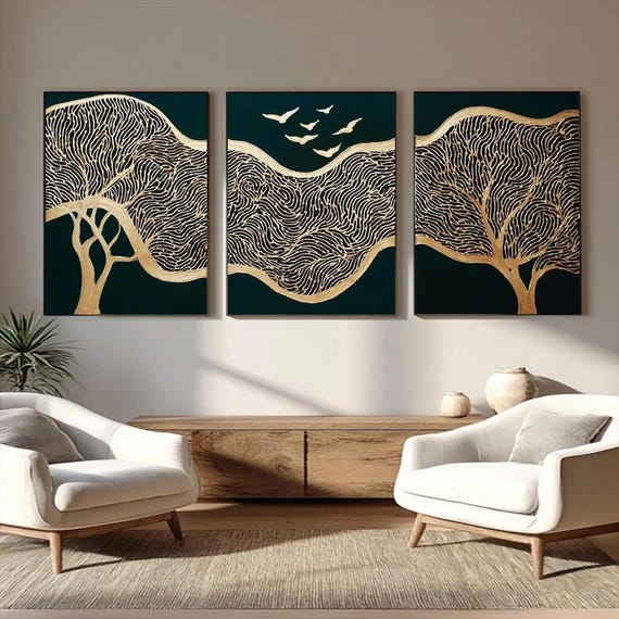 Original Oil Painting 3 Panel Set Gold Abstract Wave Trees Birds