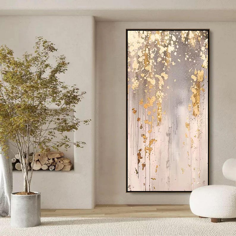 Oversized Gold Leaf Abstract Painting, Textured Grey Wall Art ...