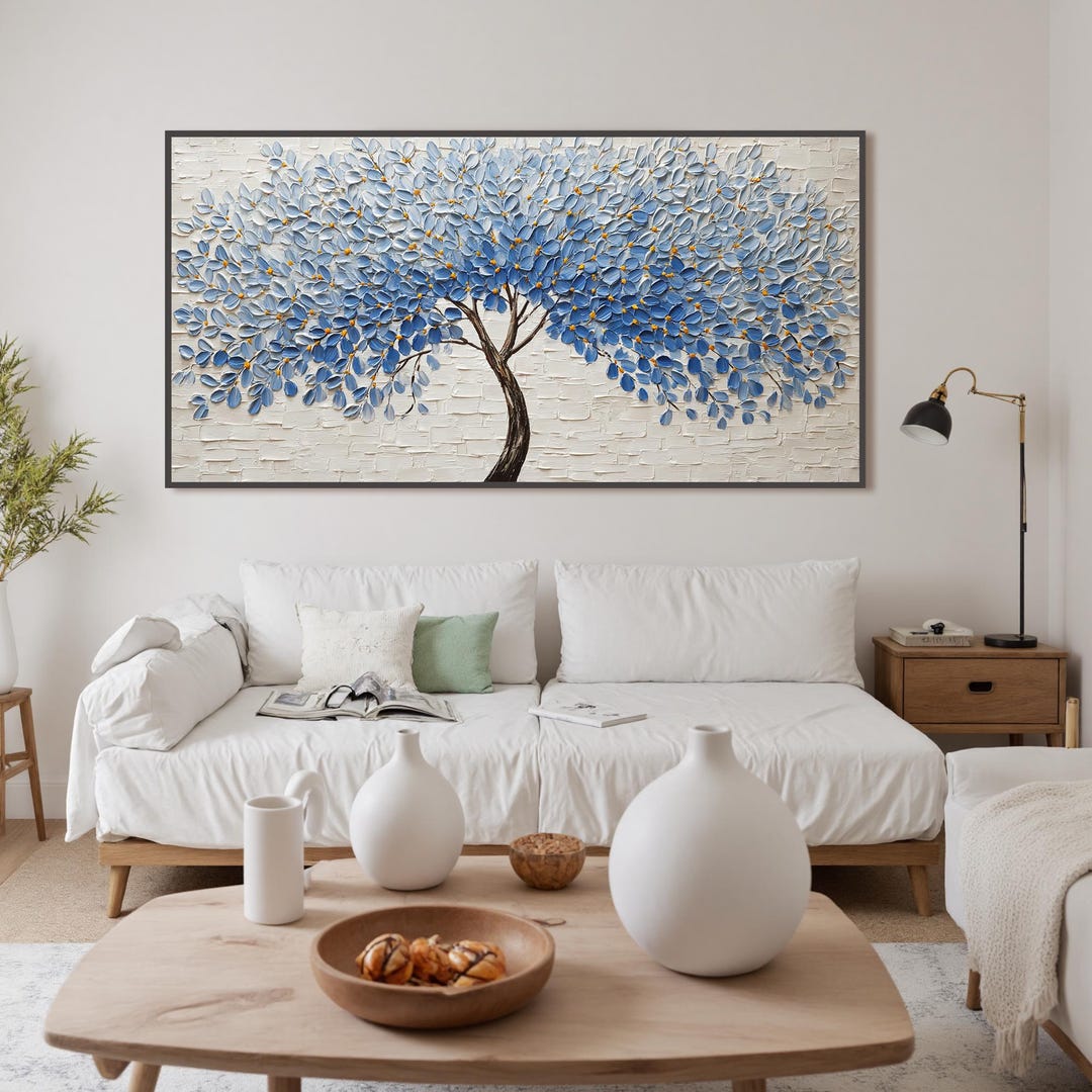 Blue Leaf Tree Impasto Painting, Textured Botanical Wall Art, Modern ...
