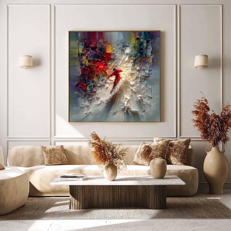 Textured Skiing Painting Impasto Wall Art, Abstract Skier Oil Painting, Large Colorful Art, Dynamic Winter Sports Decor, Modern Home Artwork