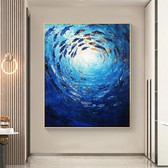 オリジナルのインパストによる海の絵画、渦巻く魚の群れ、テクスチャの