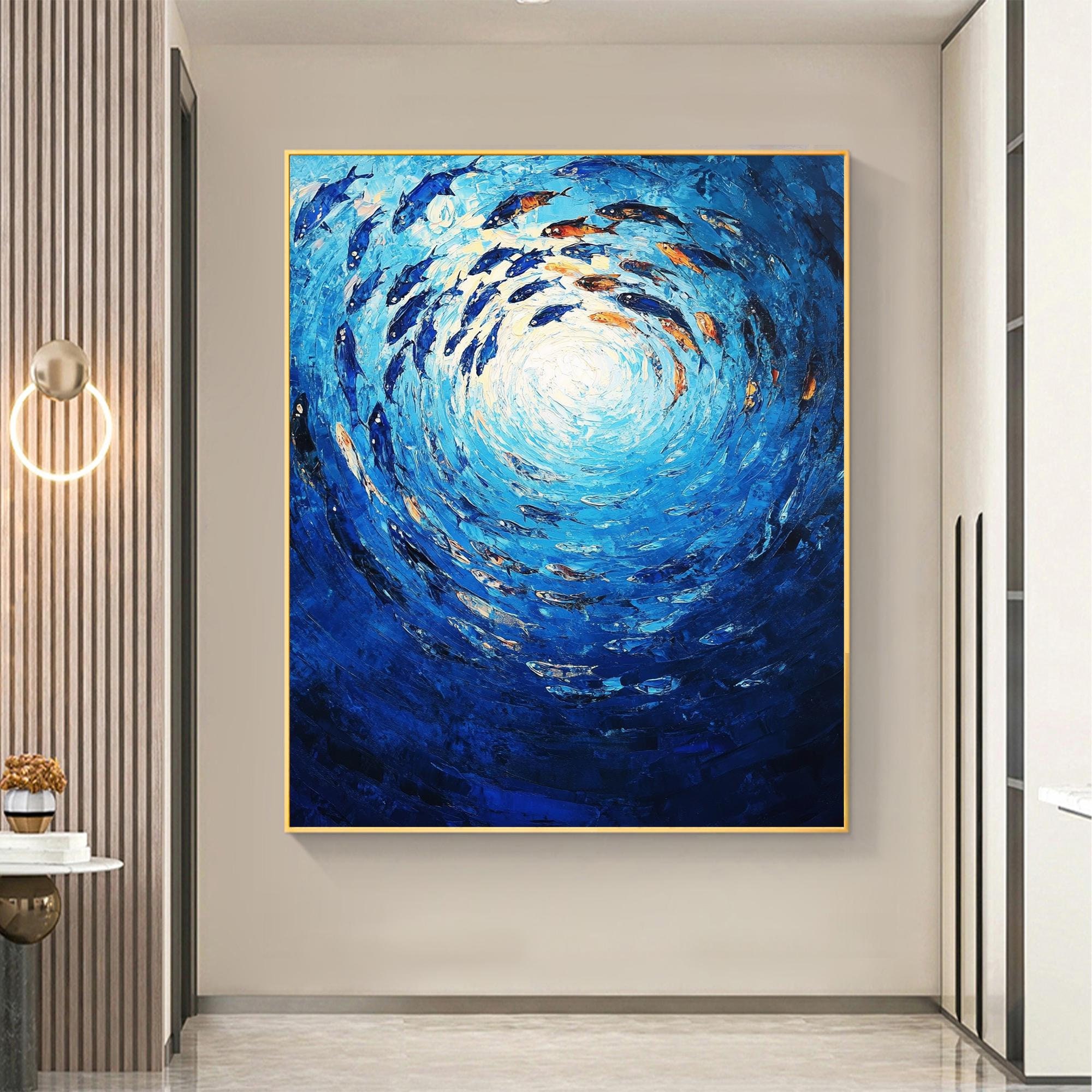 オリジナルのインパストによる海の絵画、渦巻く魚の群れ、テクスチャの
