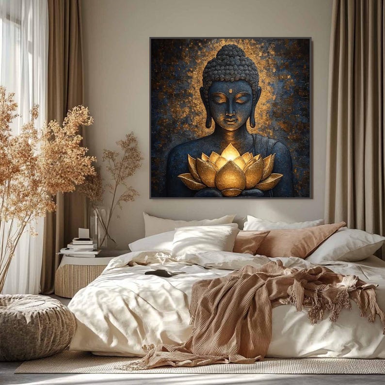 Textured Buddha Painting – Blue Gold Lotus Spiritual Wall Art - Etsy