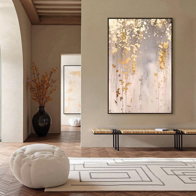 Oversized Gold Leaf Abstract Painting, Textured Grey Wall Art ...