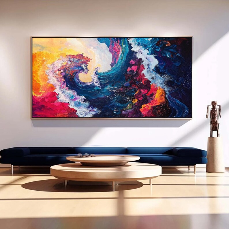 Original Hand-Painted Abstract Oil Painting on Canvas | Colorful Ocean Wave Art | Stunning Red, Blue, Yellow Decor for Living Room or Office