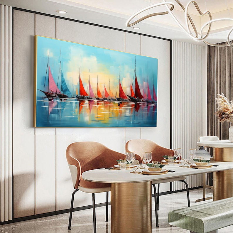 Original Sailboats Painting on Canvas, Large Wall Art, Abstract Colorful Painting, Ocean Art, Living room Wall Decor, Custom Painting