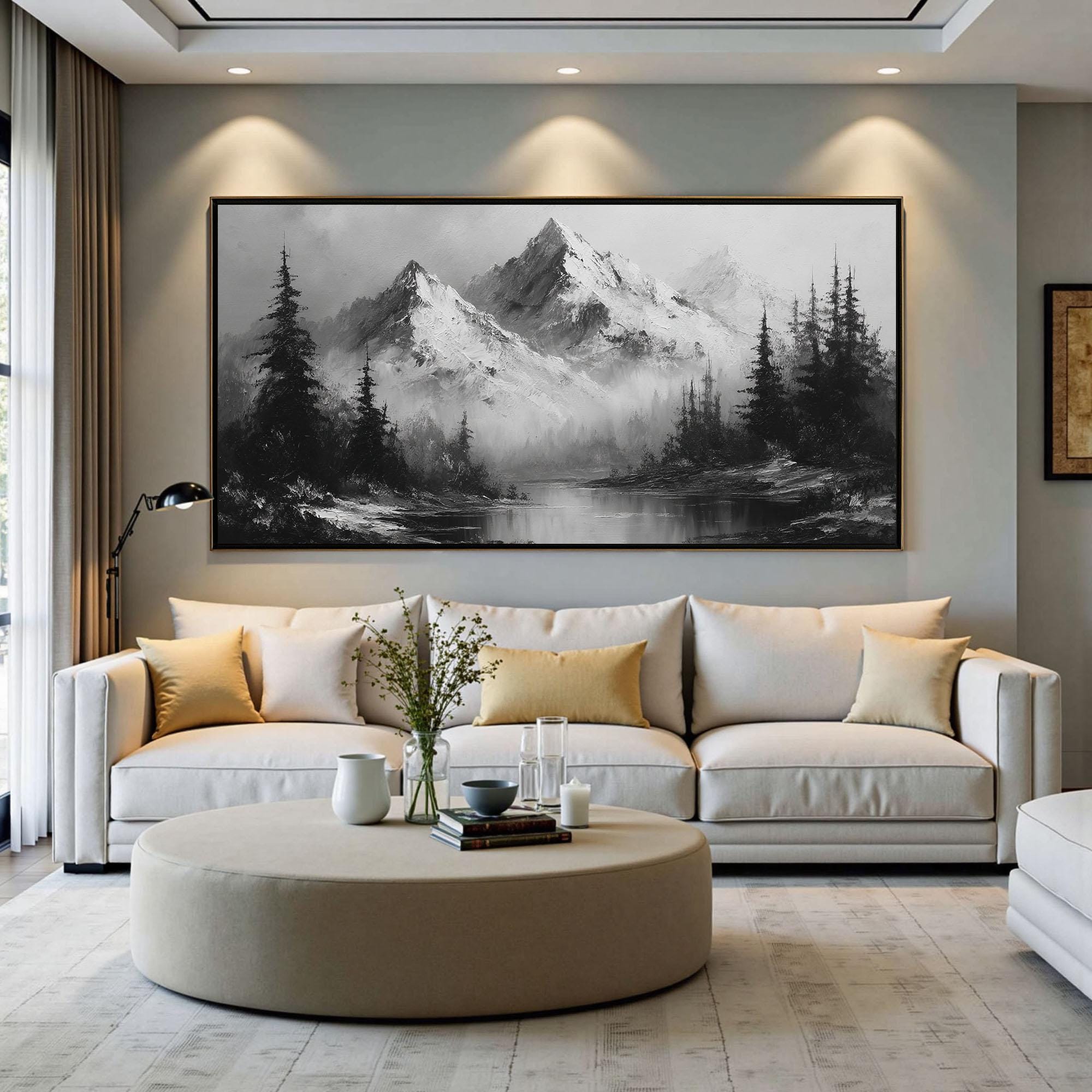 Monochrome Mountain Landscape Oil Painting, Textured Canvas Wall Art ...