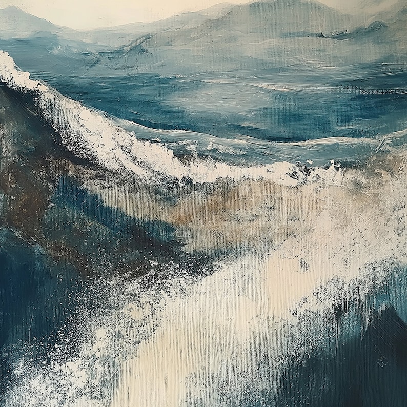 Original Grey Sea Oil Painting on Canvas, Abstract Waves Painting