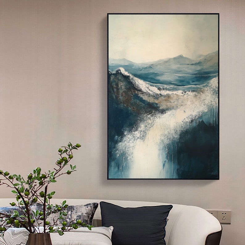 Original Grey Sea Oil Painting on Canvas, Abstract Waves Painting