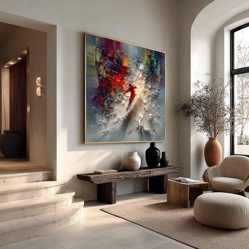 Textured Skiing Painting Impasto Wall Art, Abstract Skier Oil Painting, Large Colorful Art, Dynamic Winter Sports Decor, Modern Home Artwork