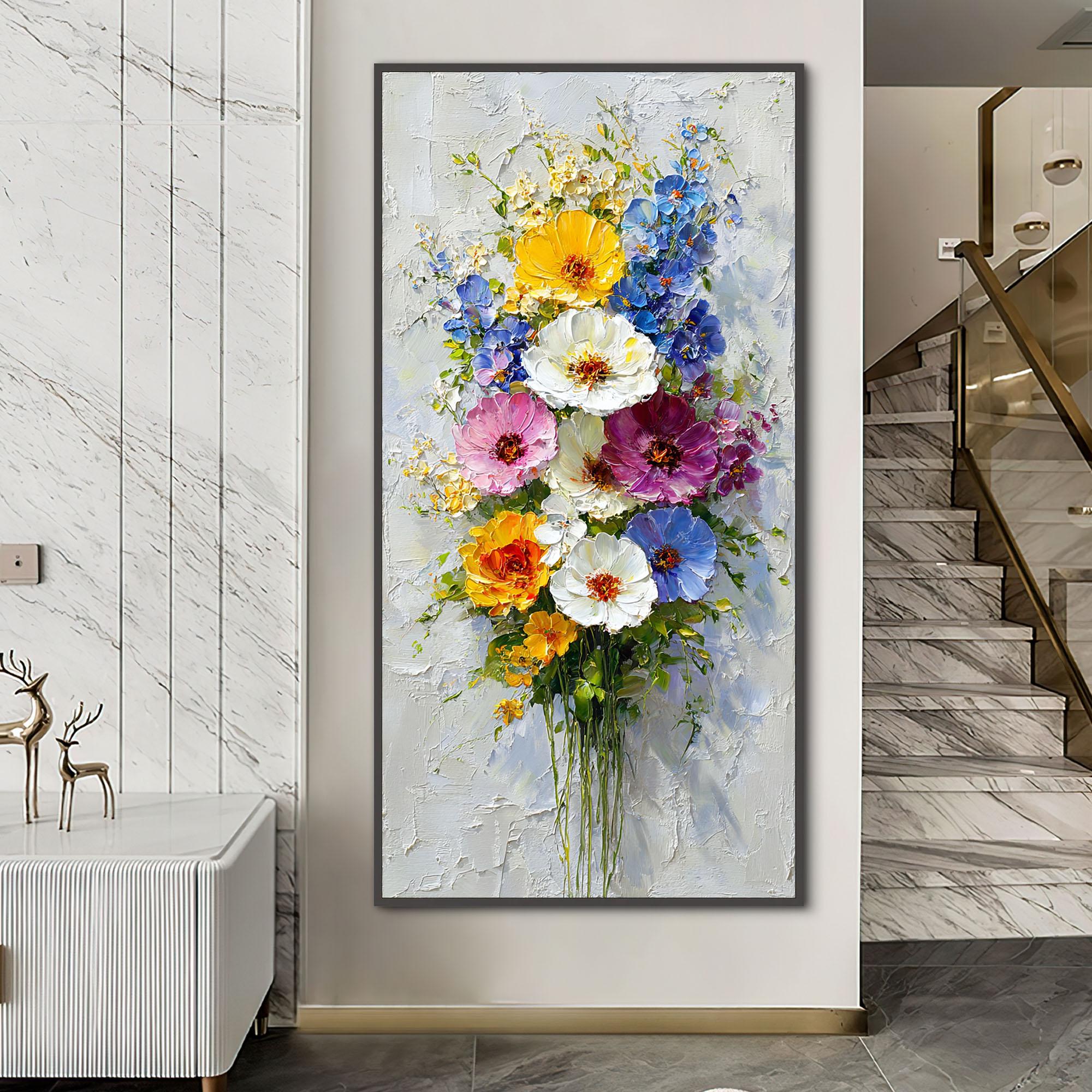 Textured Floral Bouquet Oil Painting, Colorful Abstract Garden