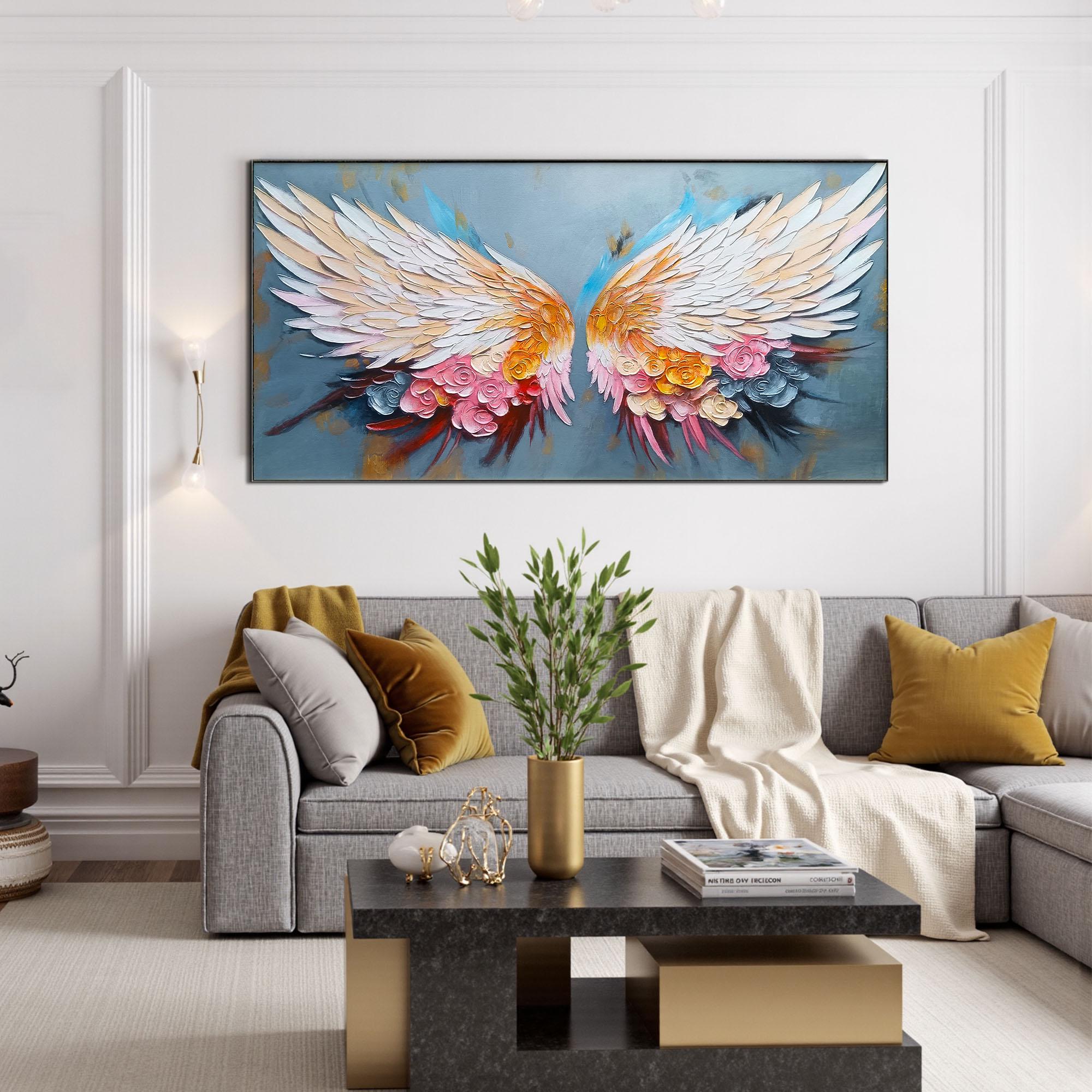 Angel Wings Oil Painting, Textured Floral, Dreamy Bedroom Wall Art