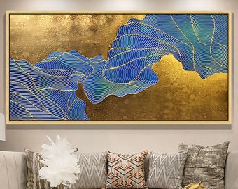 Gold Foil Oil Painting on Canvas, Large Original Abstract Gold Leaf Painting,lake water,Large Wall Art, Living room Wall Decor, Housewarming