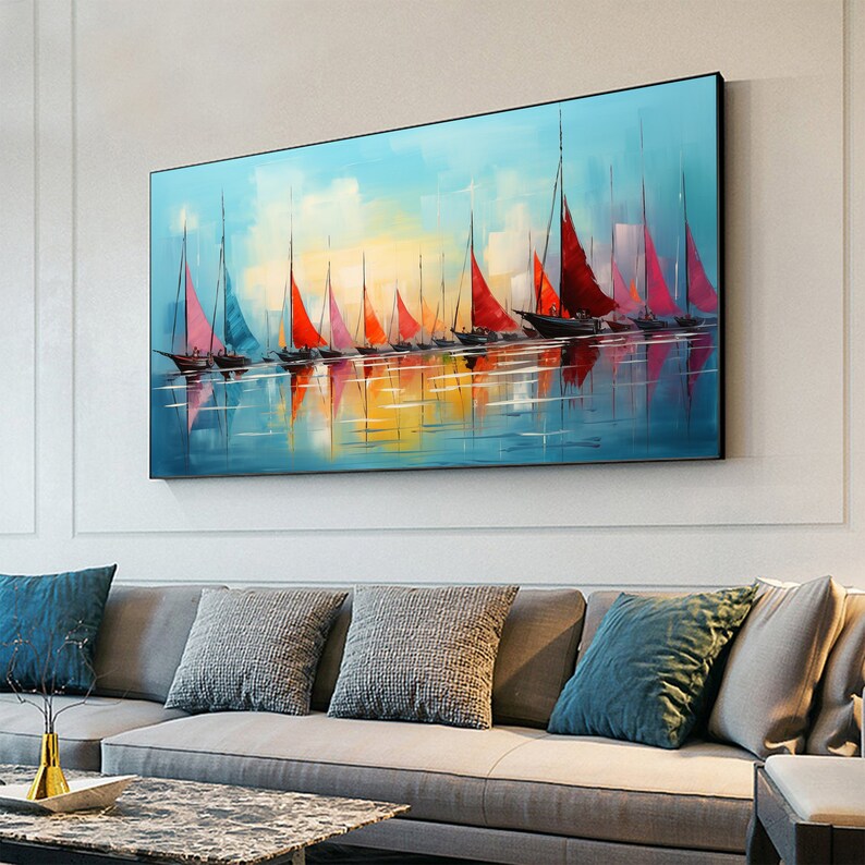 Original Sailboats Painting on Canvas, Large Wall Art, Abstract Colorful Painting, Ocean Art, Living room Wall Decor, Custom Painting