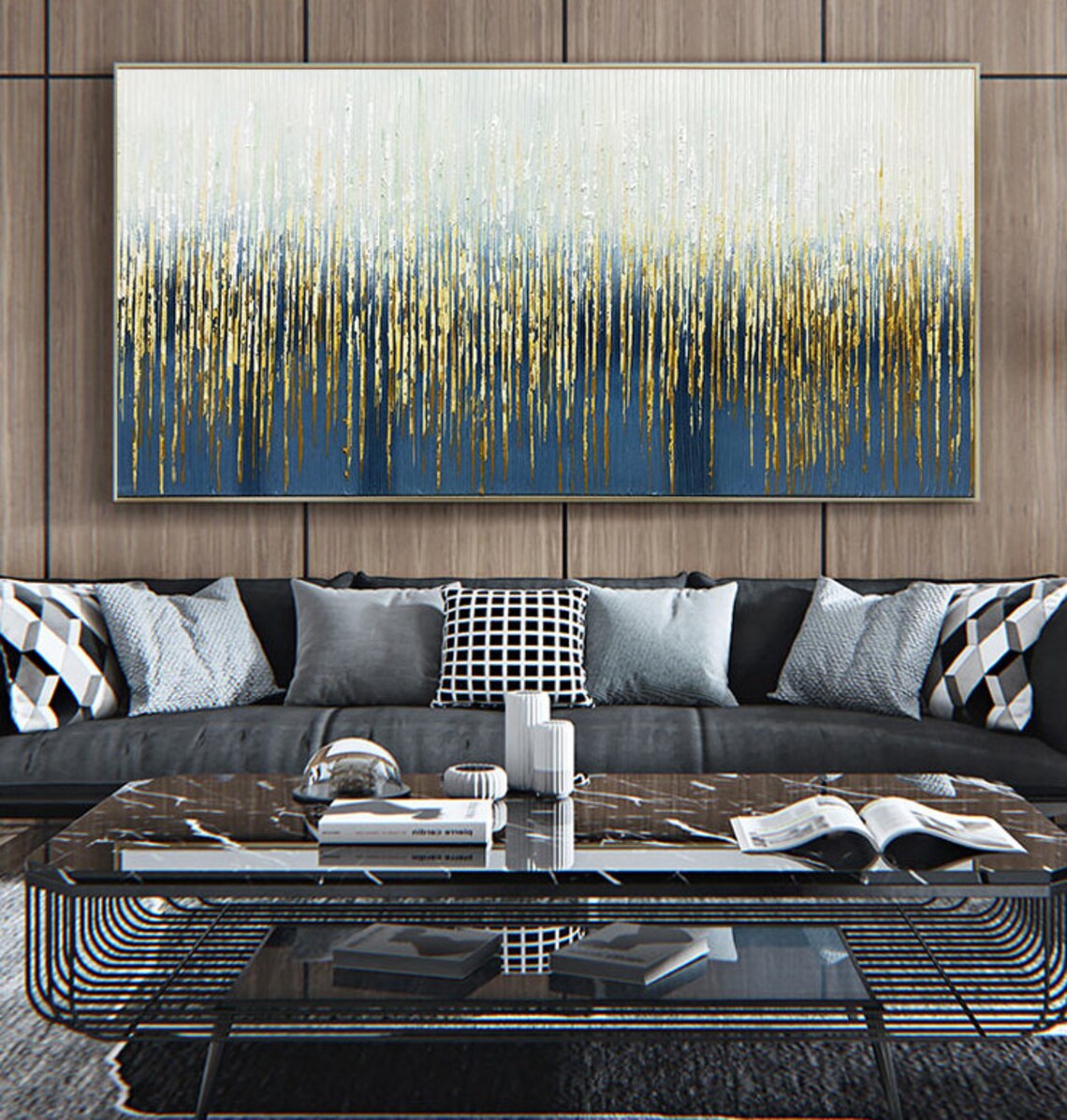 Gold Foil Oil Painting on Canvas Abstract Blud & Golden Etsy