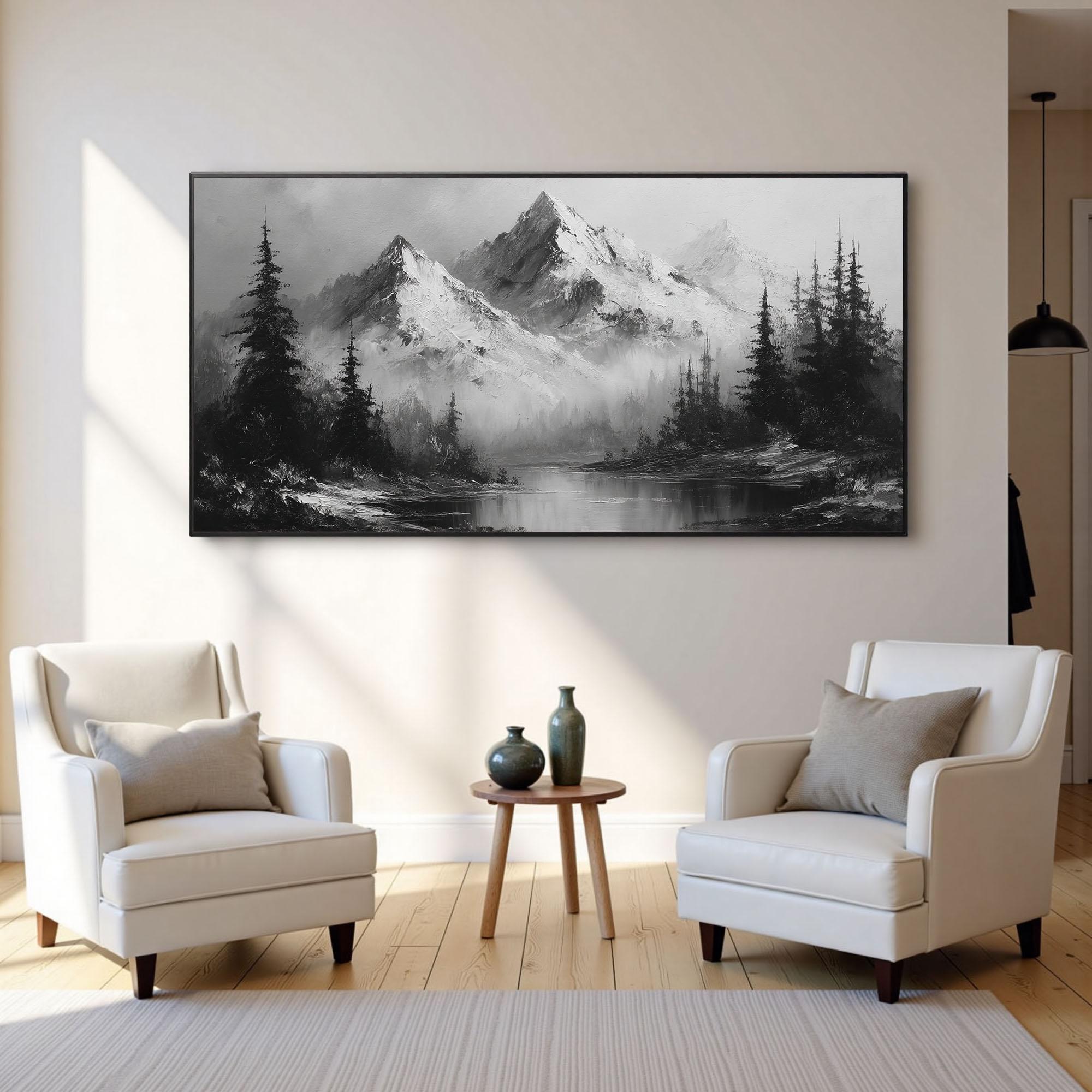 Monochrome Mountain Landscape Oil Painting, Textured Canvas Wall Art ...
