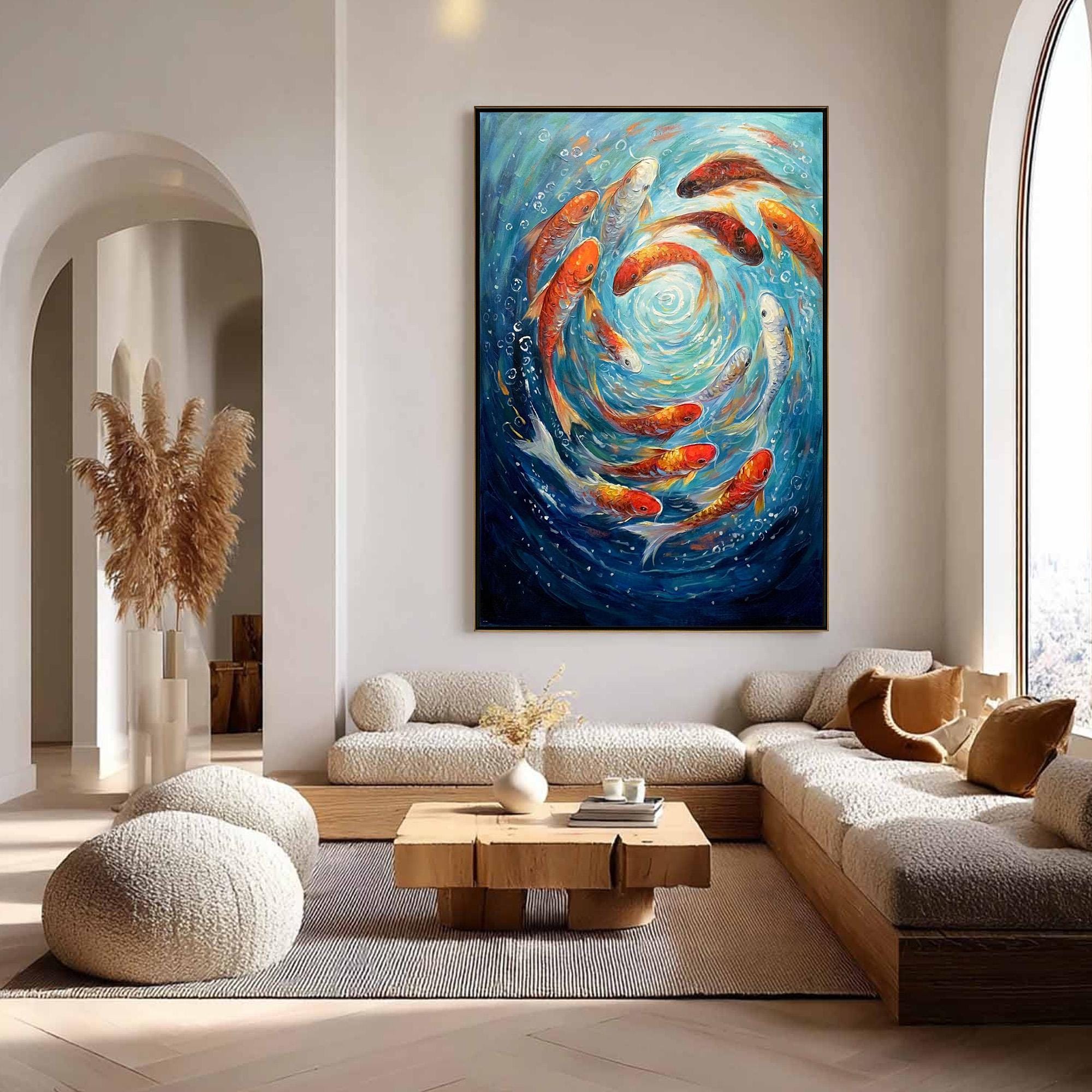 Large Abstract Koi Fish Oil Painting On Canvas, Colorful Swimming Fish Wall Art, Modern Living Room Decor, Original Handmade Framed Painting