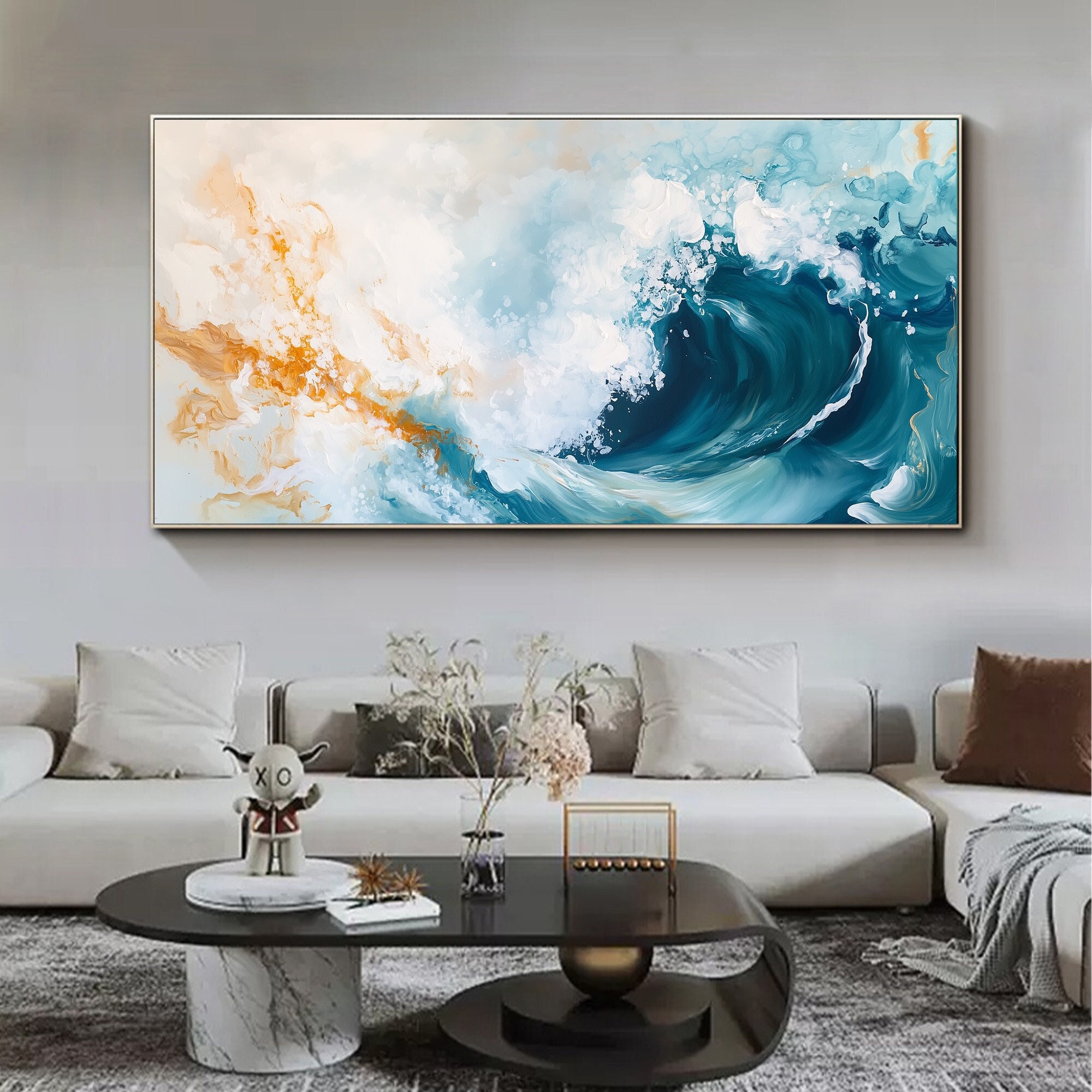 Ocean Wave Painting, Abstract Seascape Art, Blue and Gold Wall Art, Textured Wave Art, Large Canvas Artwork, Original Painting, Bedroom Art