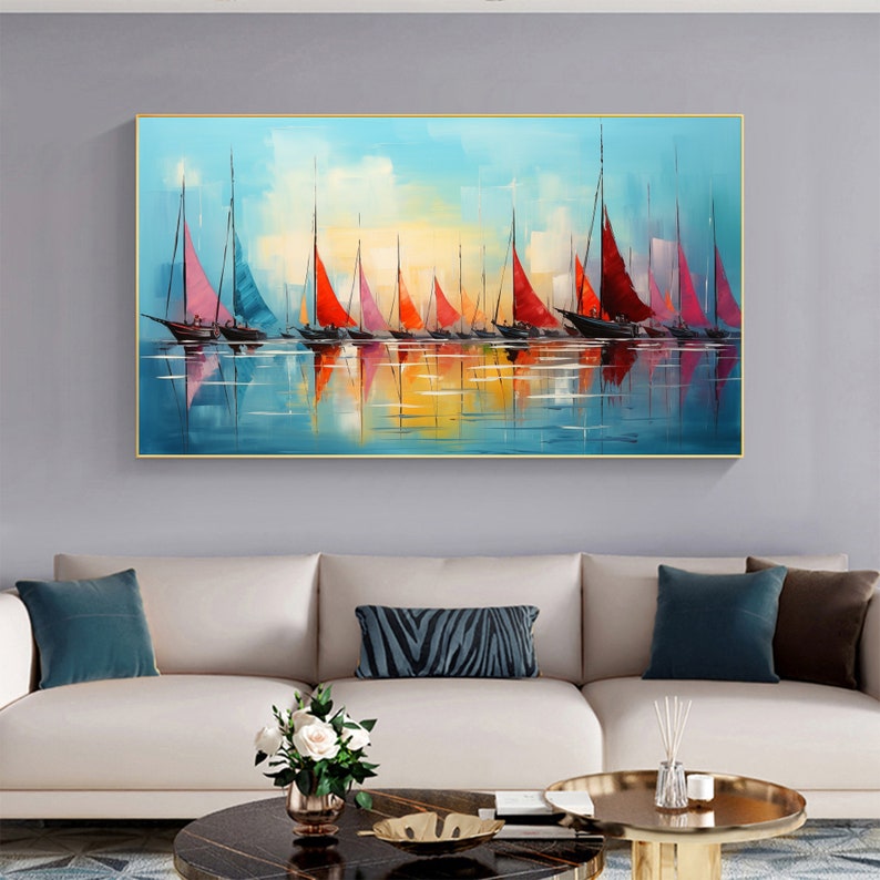 Original Sailboats Painting on Canvas, Large Wall Art, Abstract Colorful Painting, Ocean Art, Living room Wall Decor, Custom Painting