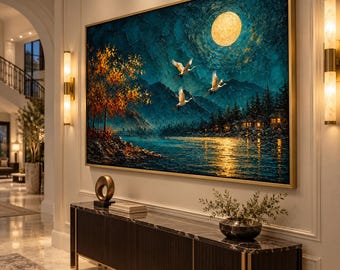 May include: A large rectangular wall art piece in a gold frame featuring a textured oil painting of a night landscape with a bright yellow moon, three white birds in flight, a dark blue mountain range, and a glowing orange tree by a lake.