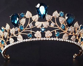 Rose Cut Diamond Tiara Diamond 925 Silver Blue Sapphire Tiara/Crown Hair Jewelry