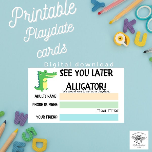 Alligator printable play date cards, calling cards, kids calling cards, playdate, play date, digital file, printable digital download