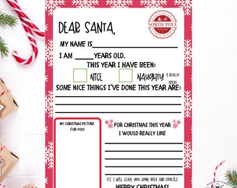 May include: Printable Santa letter template with a red and white snowflake pattern border. The letter includes spaces for the child's name, age, and a section to describe what they have done this year. There is also a space for a picture and a wish list.