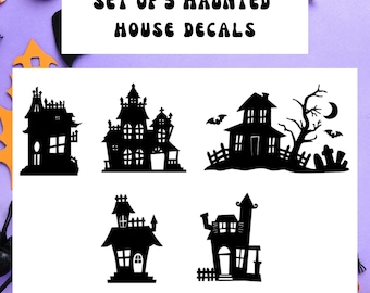 Haunted house stickers, Halloween stickers, set of five Halloween decals, goth, Halloween decals, Halloween decorations, stickers,