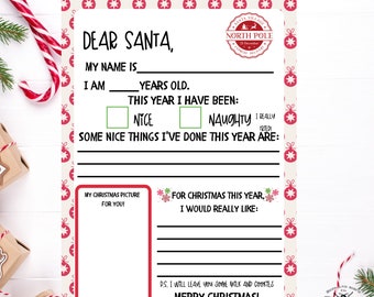 May include: Printable Santa letter template with a red and white border. The letter has spaces for the child to write their name, age, and whether they have been nice or naughty. There is also a space for them to draw a picture for Santa and list what they would like for Christmas.