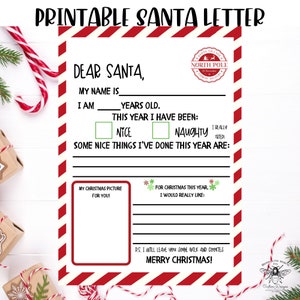 Santa letter, Printable Santa letter, Dear Santa, Christmas, Instant printable, Letter to Santa, digital download, Kids letter to Santa