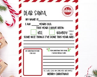 May include: Printable Santa letter with a red and white striped border. The letter includes fill-in-the-blank sections for the child's name, age, and a list of nice things done. It also has a space for a picture and Christmas wishes.