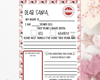 May include: Printable Santa letter template with a pink background and snowman illustrations. The letter includes spaces for the child's name, age, and a section to describe what they have done this year. There is also a space for a picture and a section for the child to write what they would like for Christmas.