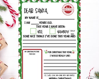 May include: Printable Santa letter template with a green and white snowman pattern. The letter includes spaces for the child's name, age, and a section to describe what they have been this year, nice or naughty. There is also a space for the child to write about nice things they have done this year and what they would like for Christmas. The letter ends with a message to Santa, "Merry Christmas!"