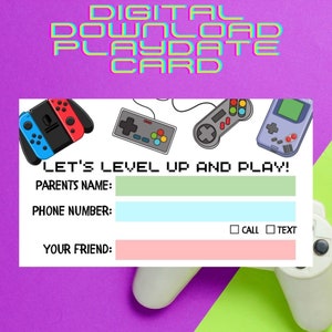 Gamer printable play date cards, calling cards, kids calling cards, playdate, play date, digital file, printable digital download, gaming