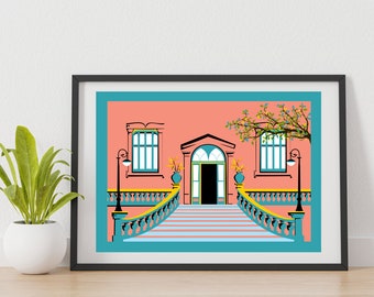 Illustrated Mediterranean House Print | House Facade Wall Art | Architecture | Art Print | Size A4 |