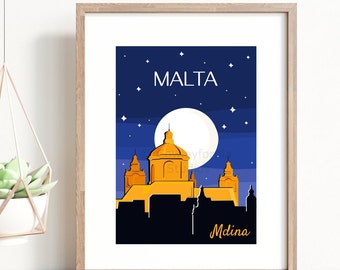 Malta Mdina Print | Maltese Islands Poster | Gift and souvenirs | Travel Poster | Night Skyline | Cityscape | Colourful | Size A4