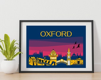 Oxford Illustrated Skyline Print | Cityscape Poster | England United Kingdom | Travel Poster | Art Print | Size A4 |